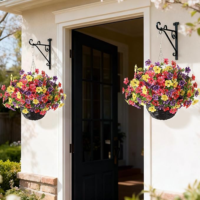 Artificial Flower & Eucalyptus with Hanging Basket - 2PCS Faux UV Sun Resistant Morning Glory in Planter, Fake Colorful Silk Flowers for Spring Summer Porch Patio Balcony Yard Decor (Mixed Color)