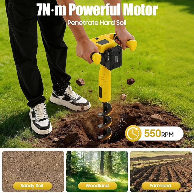 Cordless Electric Post Hole Digger - 20V Earth Auger Hole Digger with 2000mAh Battery & Charger, 550RPM Electric Hole Digging Machine for Digging, Planting, Fencing, Lightweight and Portable Design