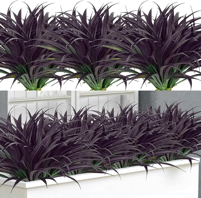 Ouddy Decor 20 Pcs Fake Outdoor Plants Artificial Grass Greenery Stems Faux Plastic Plants for Indoor Outside Decor, Dark Purple
