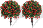 Artificial Rose Topiary Ball Trees with Ground Spike, 2 Pack 16 Inches UV Resistant Artificial Shrubs, Fake Evergreen Artificial Plant Brush for Indoor Outdoor Front Porch Garden