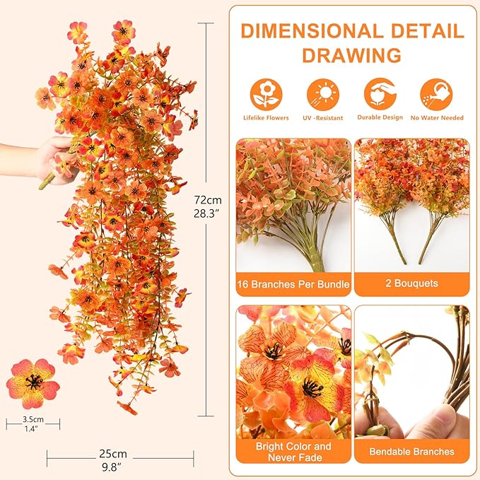 Hommyea Artificial Fall Fake Flowers for Outdoor, 2 Pcs Fake Mums Faux Hanging Flowers Outdoor Fall Decor, UV Resistant Silk Flower for Front Door Porch Planters Patio Yard Garden(Orange Sunset Red)