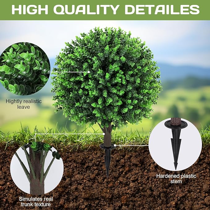 Artificial Green Eucalyptus Topiary Ball Tree 24" with Ground Spike, Set of 2 Artificial Boxwood Bushes for Faux Shrubs, Fake Evergreen Faux Plant for Indoor Outdoor Garden -UV Resistant–Fade-Proof
