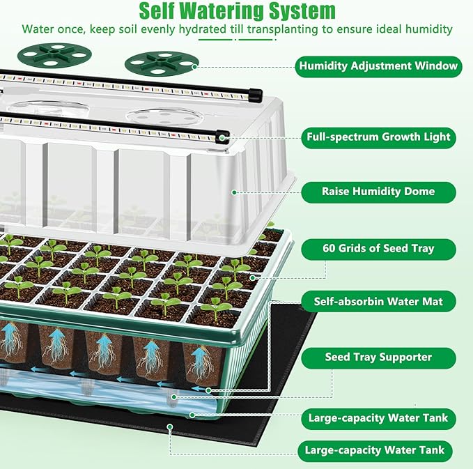 2 Set 120-Cell Seed Starter Kit with Seedling Heat Mat, Self-Watering Seed Starter Tray with Adjustable Brightness Timed Grow Light Humidity Domes, Indoor Seedling Starter Tray Plant Germination Kit