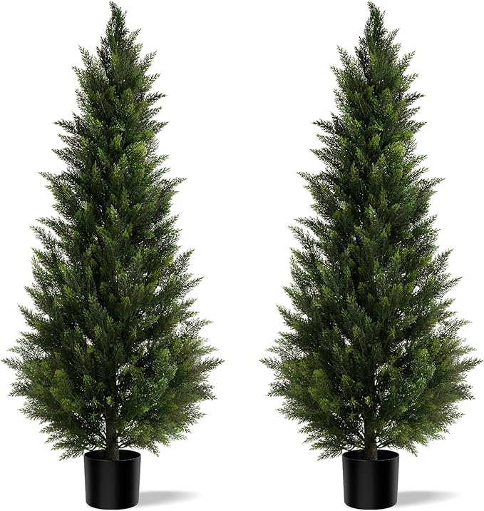 Vitalismo Outdoor Artificial Cedar Topiary Tree, Faux Evergreen Shrubs for Front Porch Decor, Lifelike Fake Bushes Plants for Home Living Room Front Door Decor (2, 5ft)