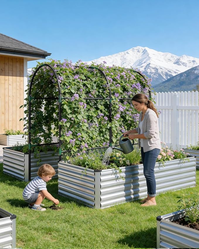FOOWIN Raised Garden Bed with Arch Trellis for Climbing Plants,Galvanized Raised Garden Bed,Planter Boxes Outdoor for Vegetables Flowers Herb,478 Gallon Capacity Silver