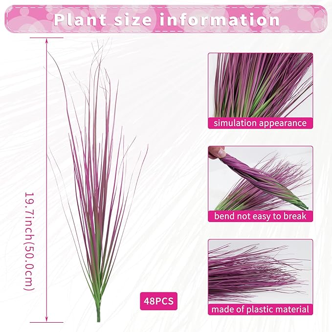 48 Bundles Artificial Grass Plants Outdoor Tall Faux Shrubs Greenery Stems Fake Onion Grasses Wheat UV Resistant for Outside Garden Indoor Office Home Decor（Pink）