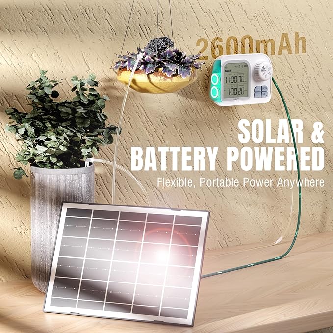 Raddy WS-74 Solar Drip Irrigation System with Smart APP Control, IPX7 Waterproof, Adjustable Soil Moisture Sensor, 2600mAh Battery, Automatic Watering Kits for Indoor Outdoor 15 Potted Plants