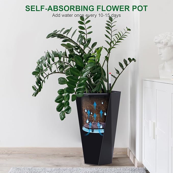 22.4 Inch Tall Planters for Outdoor Indoor Plants Set of 2, Tapered Large Flower Pots with 2 Trays and a Water Level Monitor Planter Pots, Plant Pot for Patio, Balcony, Lounge