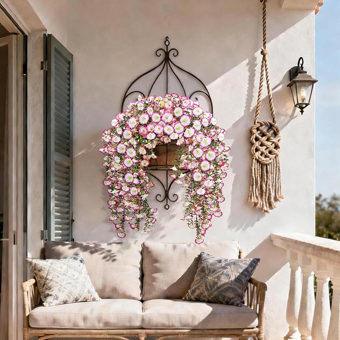 Artificial Hanging Flowers for Outdoors, 4 PCS 600 Blooms UV Resistant Morning Glory Faux Silk Vines, No-Odor Realistic Fake Plants for Garden Planter Porch Patio Decoration, Pink