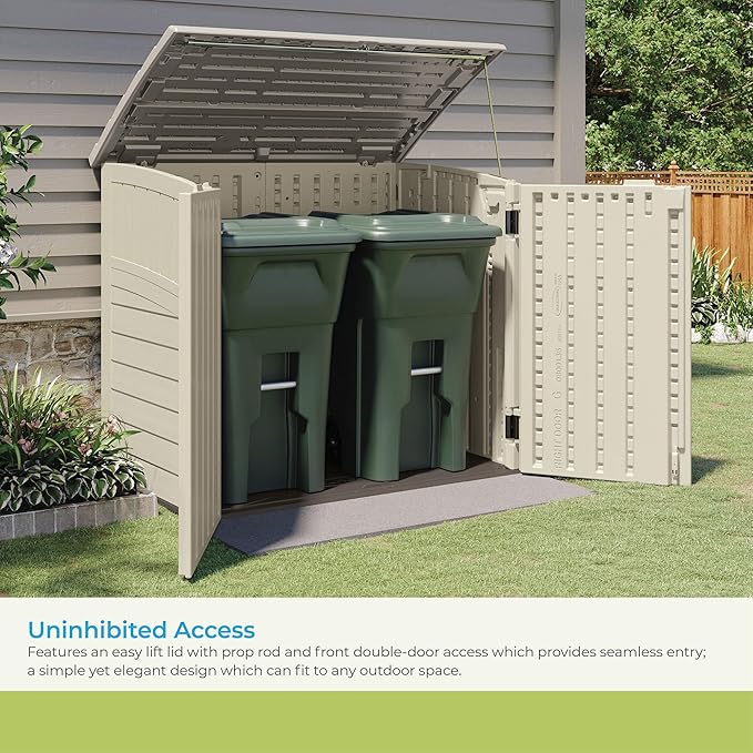 Suncast 3 Pack 34 Cu Ft Capacity Horizontal Outdoor Storage Shed for Garbage Cans, Garden Accessories, Backyard, and Patio Use, Vanilla