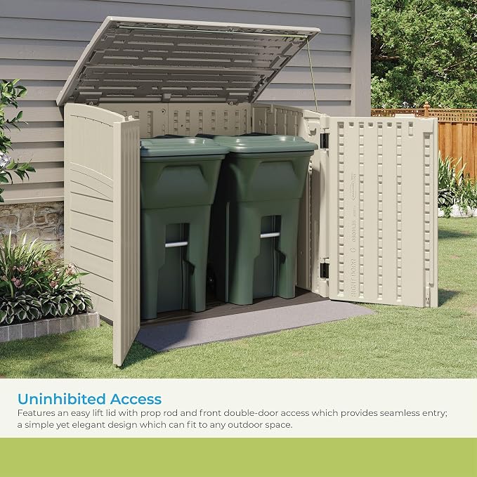 Suncast 4 Pack 34 Cu Ft Capacity Horizontal Outdoor Storage Shed for Garbage Cans, Garden Accessories, Backyard, and Patio Use, Vanilla