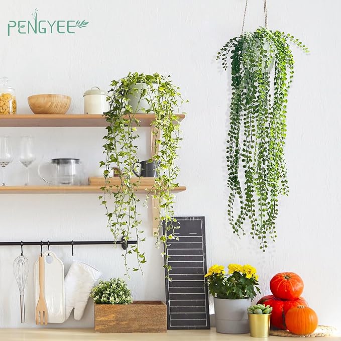 3 Packs Fake Hanging Plants with White Pots, 37" Artificial Hanging Plants for Wall Decor, Fake Plants Mandala Vine Indoor/Outdoor for Home Bathroom Bedroom Kitchen Office Room Decor