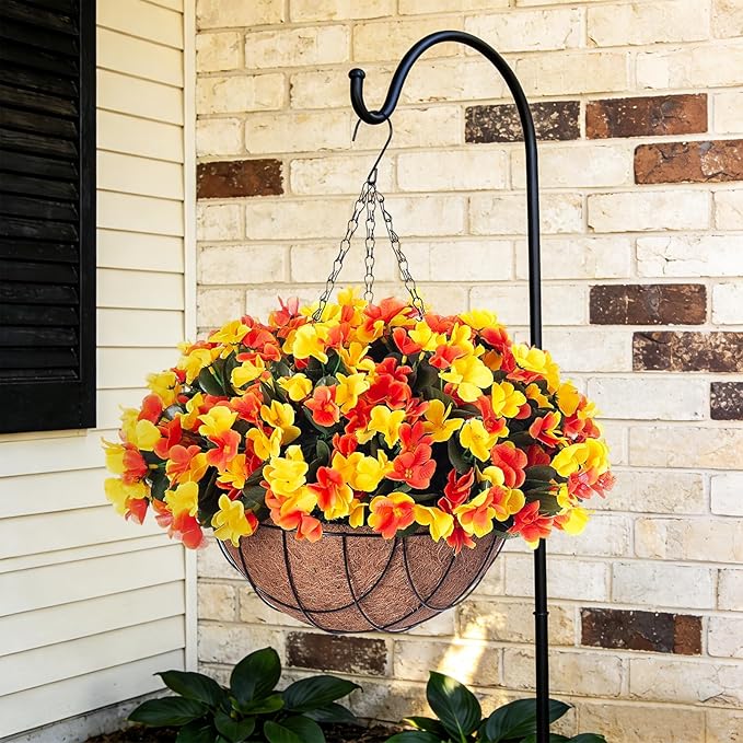 INXUGAO Artificial Hanging Flowers with 12" Basket for Outdoor Decor, Fake Hydrangea UV Resistant Arrangements in Pot Planter Decor for Spring Summer Porch Garden Yard(OrangeYellow)