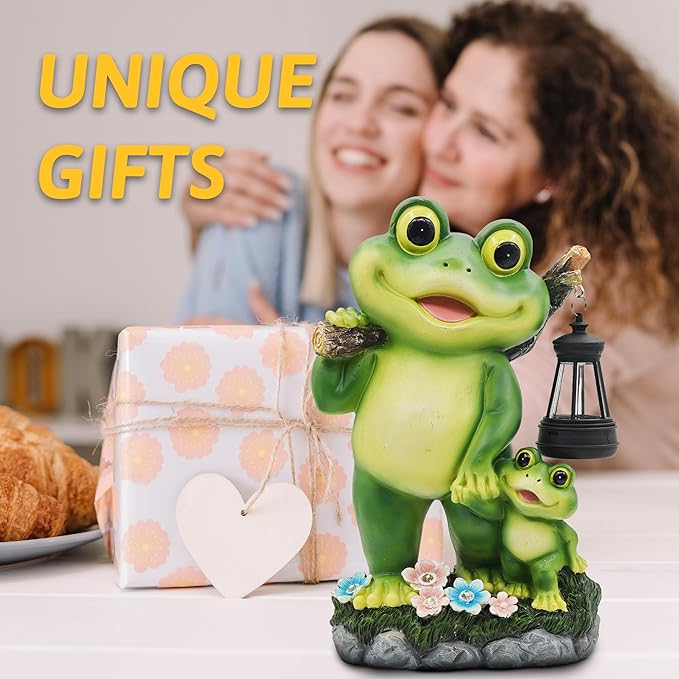 Outdoor Frog Garden Decor: 10'' Yard Decoration with LED Lantern Funny Solar Parent-Child Frog Statue Gifts for Women Gardener Housewarming Gift