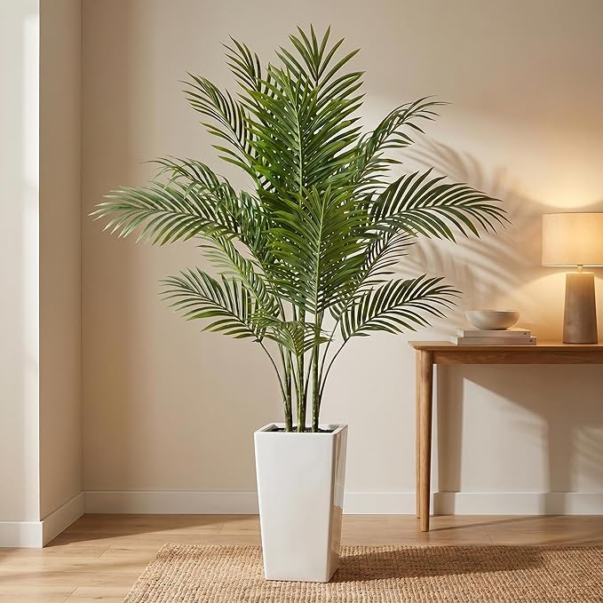 Garvee 4.8FT Artificial Palm Tree, Tall Faux Tropical Areca Plants with White Tall Planter, Fake Potted Tree with Lifelike Leaves for Indoor Living Room Bedroom Home Office Decor