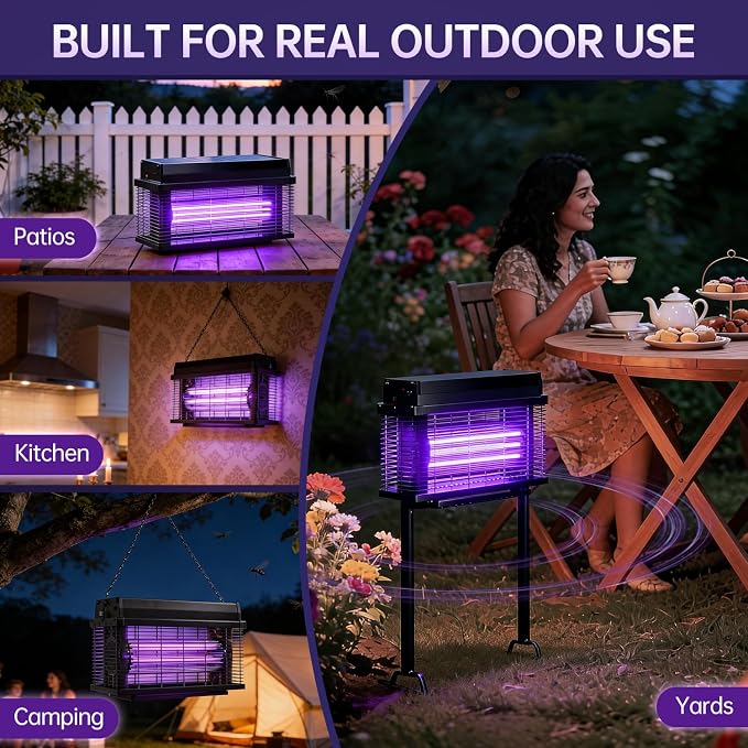 Solar Bug Zapper Outdoor, Purple UV Mosquito Zapper with Smart Rain Off Rechargeable Mosquito Killer Lamp, Wireless Solar Powered Fly Trap for Yard Patio RV (Black)