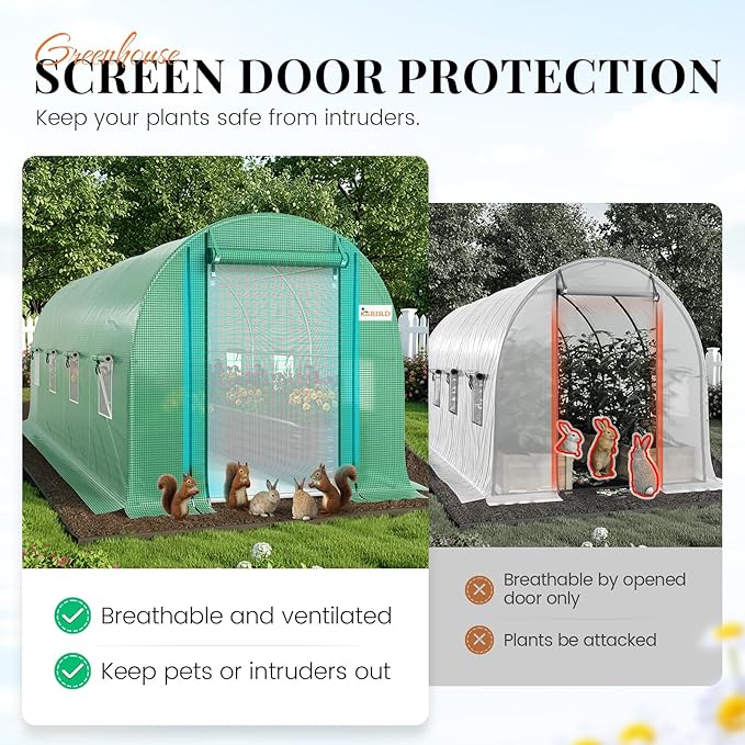 KING BIRD Premium 15x6.6x6.6FT Greenhouse for Outdoors, Large Walk-in Upgraded Galvanized Metal Frame, Mesh Door Screen Window Improved Zipper Tunnel Hoop for Garden Plant Winter, Green