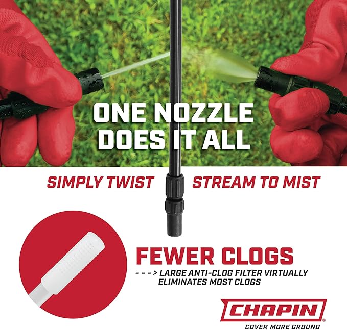 Chapin 20006 Pump Sprayer, 3‑Gallon, Lawn & Garden, Translucent Poly Tank, Funnel‑Top, SureSpray Anti‑Clog Filter, Adjustable Cone Nozzle & 34" Hose for Fertilizer, Weed & Pest Application