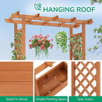Outvita Raised Garden Bed with Trellis, Wood Planter Box with Hanging Roof, Side Trellis and Drainage Holes, Above Ground Elevated Garden Bed for Outdoor Climbing Plants Vines Vegetables (Teak Color)