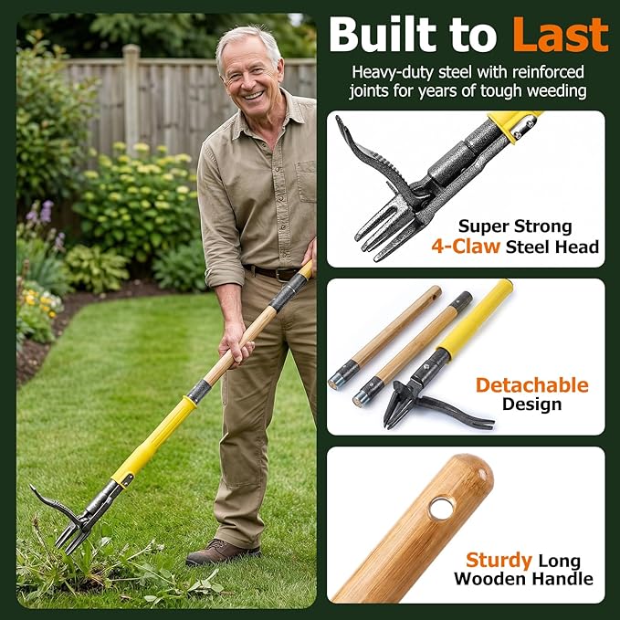 Weed Puller Tool Stand Up with Slide-Release Ejection, Reinforced Steel Weeder with 3-Section Long Handle, No-Touch Cleaning for Lawn & Garden, Heavy Duty No Bend Weeding Tool for Dandelions, Thistles
