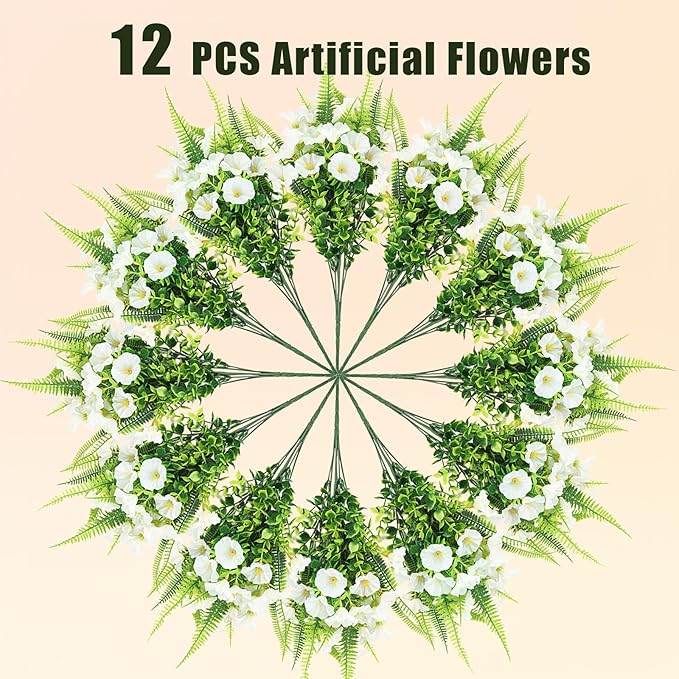 Artificial Flowers for Outdoors 12 Bundles White Artificial Petunias Fake Flowers UV Resistant Shrubs Plants with Fern for Indoor Outside Hanging Planters Home Garden Spring Decorations