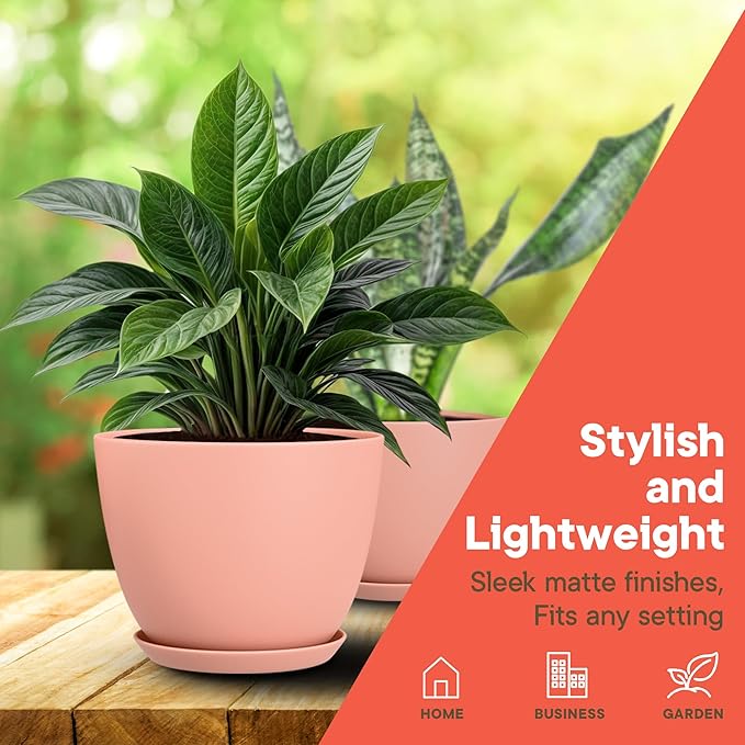 Planter Pots with Drainage Holes - Lightweight, Durable, and Space-Saving Pots for Indoor and Outdoor - Versatile Functionality, Simple Modern Design, Set of 5 Plastic Planter Pots - Pink