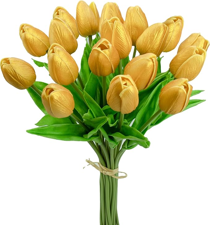 Mandy's Gold Artificial Tulips Flowers Centerpiece, 13.5" Lifelike PU Fake Floral Stems 20pcs for Kitchen Island & Dining Table, Spring Decor for Easter