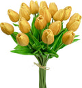 Mandy's Gold Artificial Tulips Flowers Centerpiece, 13.5" Lifelike PU Fake Floral Stems 20pcs for Kitchen Island & Dining Table, Spring Decor for Easter