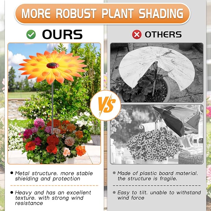 Axcoix 2 Pack Metal Plant Umbrellas for Outdoor Plants, 12" Realistic Flower Design Garden Plant Umbrella Shade, Decorative Sun Shade Disk for Plants, Potted Plants, Garden Beds
