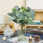 Der Rose 13.5" Fake Plants for Bathroom Decor Artificial Eucalyptus Stems in Clear Glass Vase with Faux Water for Office Desk Accessories Home Table Centerpiece Decor（Sage Green）