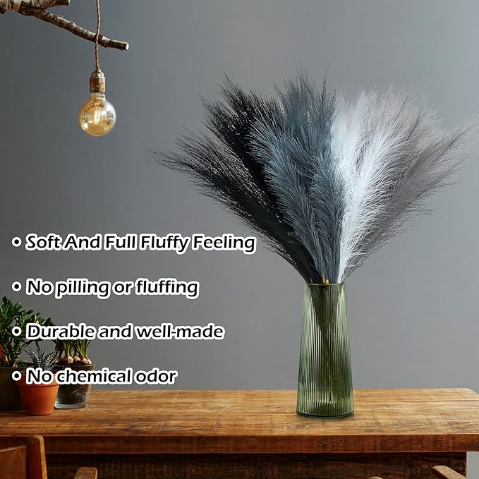 SeptCat 80 Pcs Pampas Grass Decor 21.7" Fluffy Black White Grey Faux Short Pampas Grass Artificial Small Pompas Grass Flower Vase Filler for Home Wedding Decoration