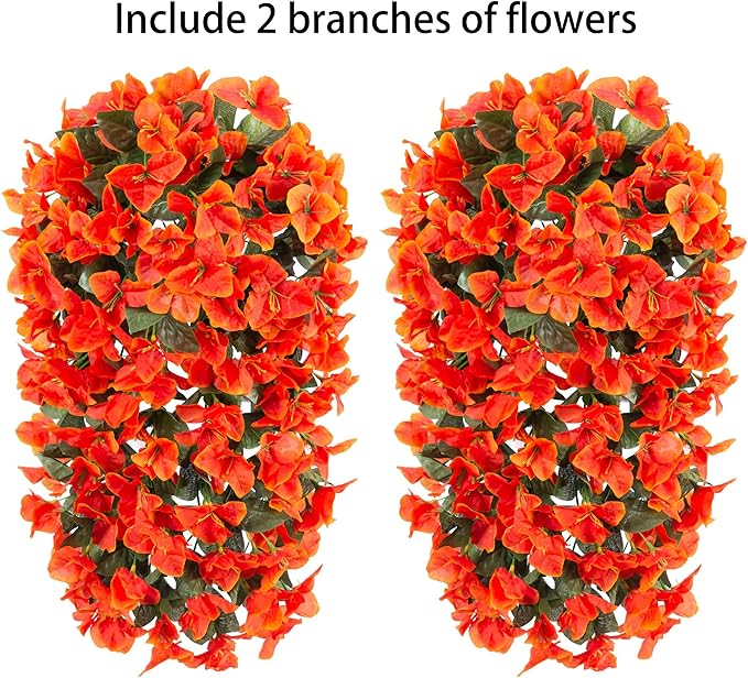 Bougainvillea Artificial Hanging Flowers Plants for Outdoors Decoration, 2pcs Fake Flowers Silk Bougainvillea Vines Realistic UV Resistant Faux Flowers for Outdoor Planters Porch Patio Gardens, Orange