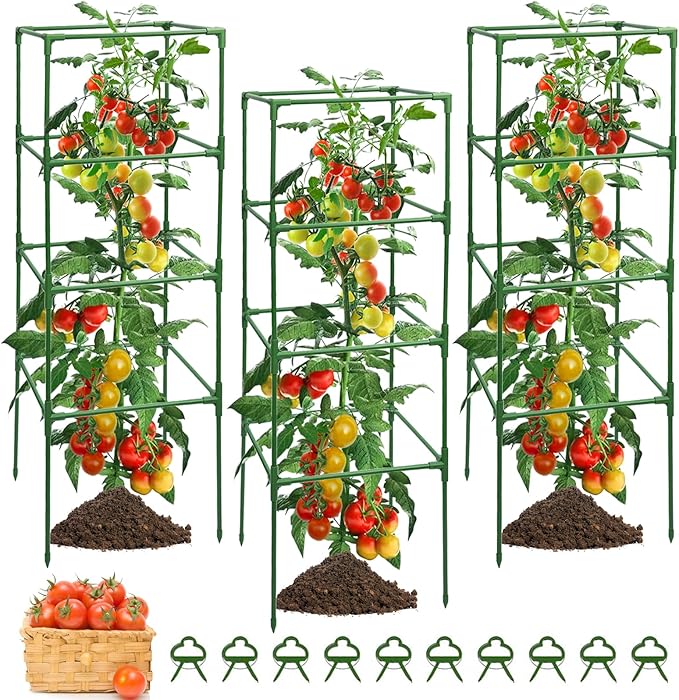 MYMULIKE 6 Pack Tomato Cage, Square Tomato Cages for Garden, Plant Trellis for Pots, Raised Garden Bed, Plant Support Stakes- 20 Clips Included
