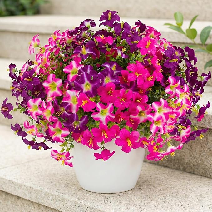 Daynight 32 Pcs Faux Petunias Artificial Flowers Plants for Outdoor Plant Decoration,Fake Petunias Realistic Silk Flowers for Porch Yard Garden Window Indoor Decor (32, Rosered,RedViolet)