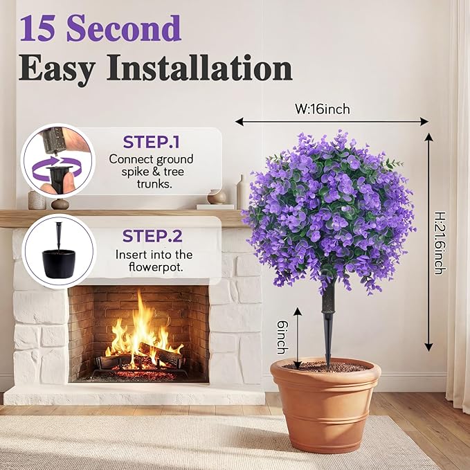 PATIO CHOICE Topiary Trees Artificial Outdoor Boxwood Ball Trees with Lavender Set of 2 22" Artificial Faux Plants Realistic Bushes Fake Shrubs Decorations for Outdoor Indoor Front Porch Garden