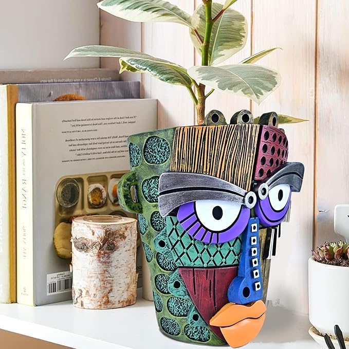 Midogaigai Abstract Face Planter Pots for Plants,Hand-Painted Colorful Flower Pots with Drainage, Indoor Outdoor Garden Decor Gift(Classic,Large)