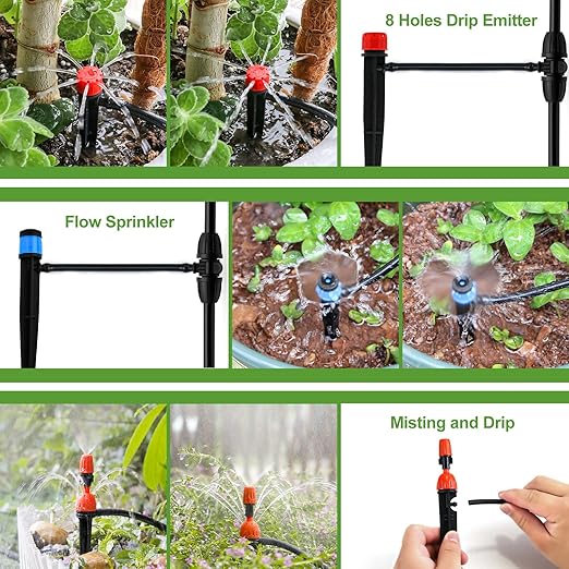 Drip Irrigation System, 213FT Drip Irrigation Kit for Garden - 50FT Main & 163FT Branch Tubing, Adjustable Nozzles for Drip or Mist Cooling, Irrigation System for Garden, Lawn, Patio, Raised Bed