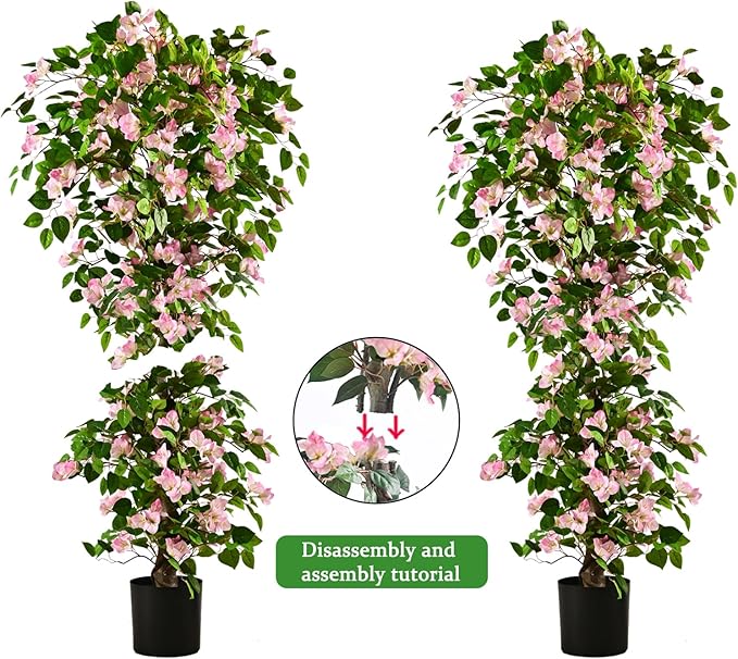 Artificial Bougainvillea Tree -5FT Faux Bougainvillea Tree with Realistic Flowers, Tall Fake Flower Tree for Indoor or Outdoor Decor, Silk Floral Plant for Living Room, Porch, Garden (Pink/White)