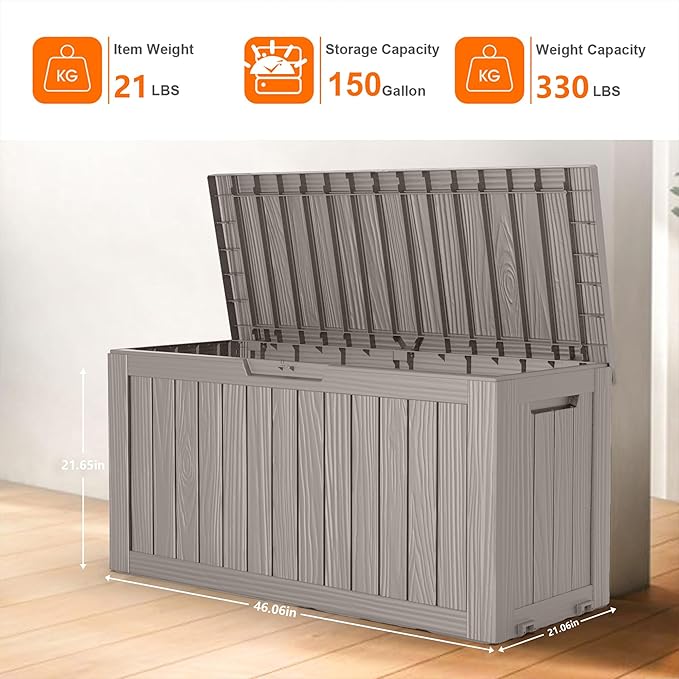 PatioZen 75 Gallon Resin Deck Box, Lockable Patio Outdoor Storage Box for Furniture, Garden Tools and Tools Storage, Waterproof Outside Storage Boxes - Grey