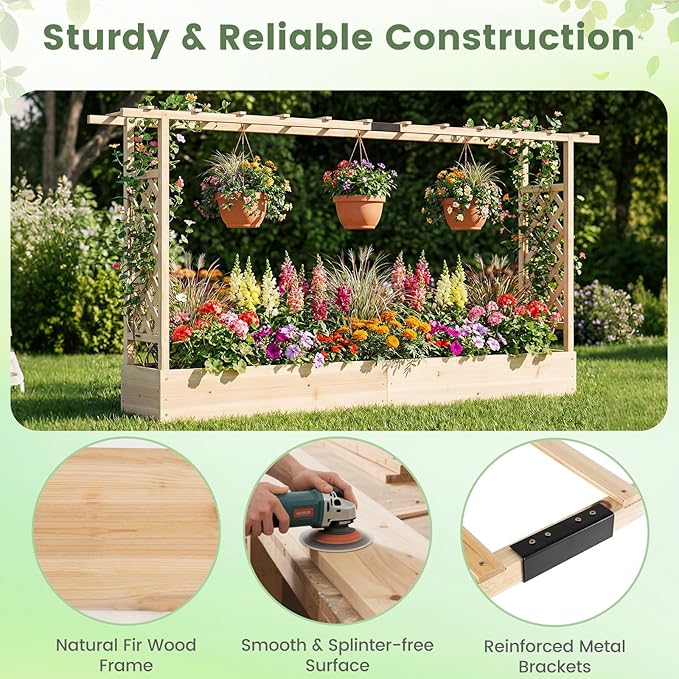 BECOMFORT Raised Garden Bed with Trellis & Hanging Roof, 45" Tall Fir Wood Planter Box with Drainage Holes, Outdoor Elevated Garden Planter for Climbing Vines, Perfect for Patio, Lawn & Backyard