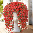 Artificial Hanging Flowers for Outdoors, 2 PCS 300 Blooms UV Resistant Morning Glory Faux Silk Vines, No-Odor Realistic Fake Plants for Garden Planter Porch Patio Decoration, Red
