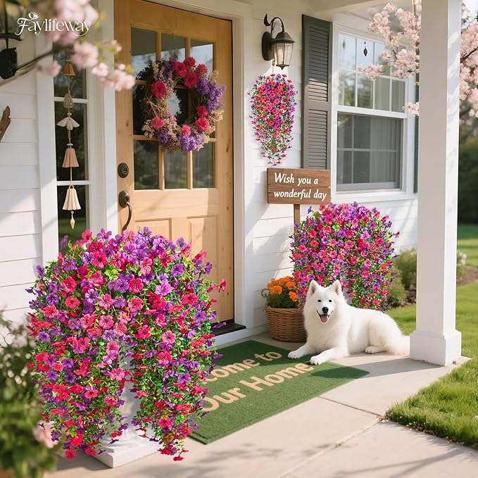 Artificial Hanging Flowers for Outdoors Spring Summer Decoration, 8PCS UV Resistant Silk Fake Hanging Plants for Patio Porch Front Yard Window Garden Indoor Decor(Purple&Hot Pink,8PCS)