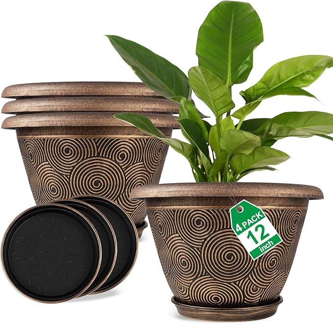 Fodetyff 12 Inch Large Planter Pot for Plants Indoor Outdoor, 4 Pack Plastic Flower Pots with Drainage Hole & Tray, Modern Decorative Garden Pot with Saucer, Plant Container for House