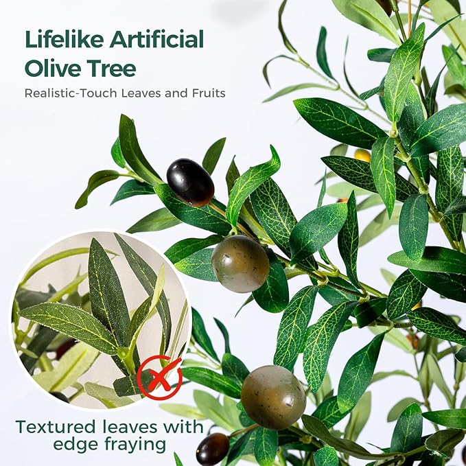 Olive Tree, 6FT Tall Faux Olive Tree with Moss and Planter, Olive Trees Artificial Indoor with Realistic Wood Trunk and Lifelike Fruits, Fake Olive Tree for Home Office Living Room Decor