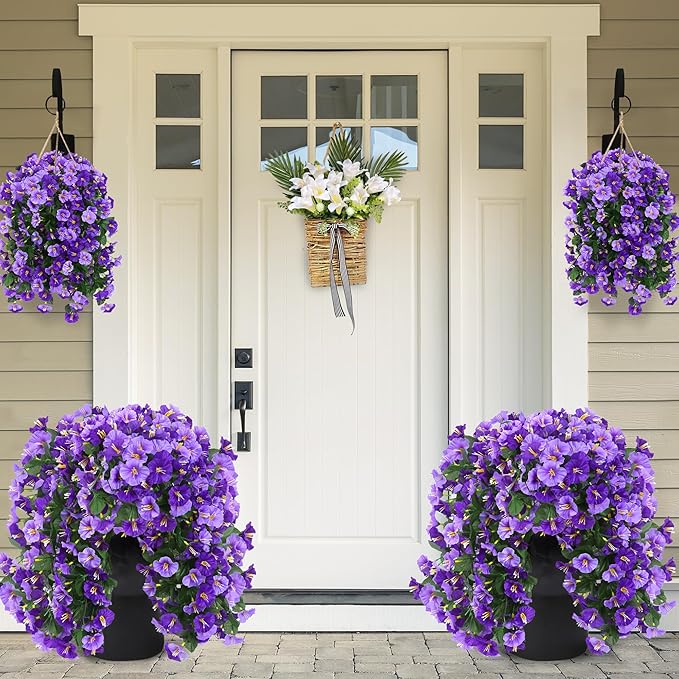 Sggvecsy Artificial Fake Hanging Flowers Plants Outdoor Outside Spring Summer Decoration 2PCS Faux Silk UV Resistant Morning Glory Trailing Vines for Home Porch Patio Balcony(Purple & Light Purple)