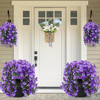 Sggvecsy Artificial Fake Hanging Flowers Plants Outdoor Outside Spring Summer Decoration 2PCS Faux Silk UV Resistant Morning Glory Trailing Vines for Home Porch Patio Balcony(Purple & Light Purple)