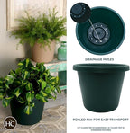 The HC Companies Classic Round Plastic Plant Pot w/Rolled Rim - Lightweight & UV Resistant Flower Pot for Herbs & More - Outdoor & Indoor Plant Pots w/Drainage (14 inch Evergreen, Pack of 1)
