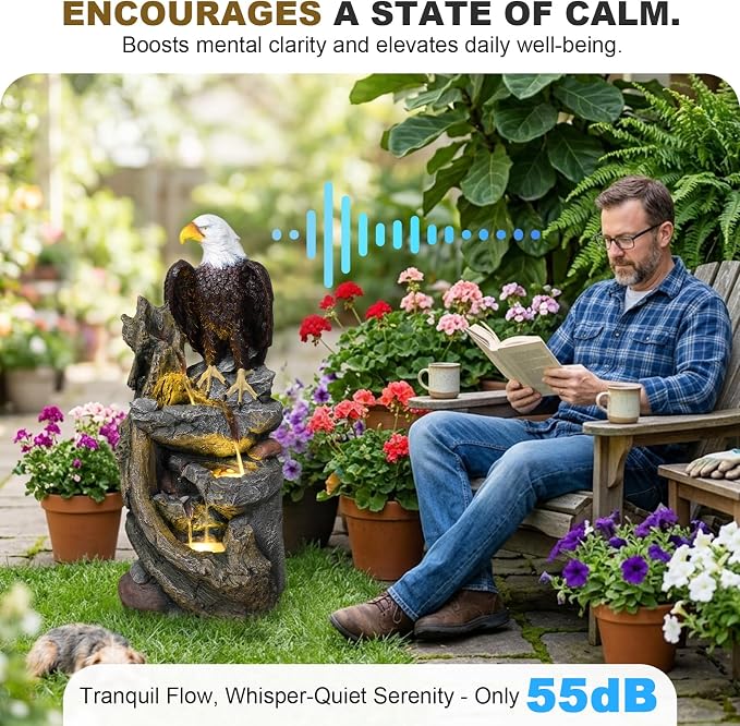 Bald Eagle Outdoor Fountain, 40.5" H Large Cascading Waterfall Garden Fountain with 3000K Warm LED Lights, Realistic Tree Trunk & Rock Water Feature for Garden, Patio, Porch, Yard and Home Art Decor