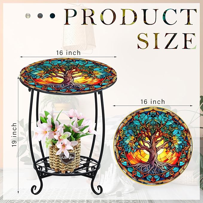 Outdoor Side Table Round Small Mosaic Patio Accent Indoor End Plant Coffee Tea Table for Yard Patio Porch Garden Living Room, Bedroom(Tree of Life Style,16 Inch)