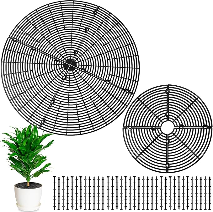 Newtay 2 Pcs Plant Pot Grid Soil Protector Covers Cuttable Flower Protector from Animals Cat Squirrel Digging Stopper Plant Pot Cover with Stake for Indoor Outdoor Gardening (20.5 +11.8 Inch,Black)